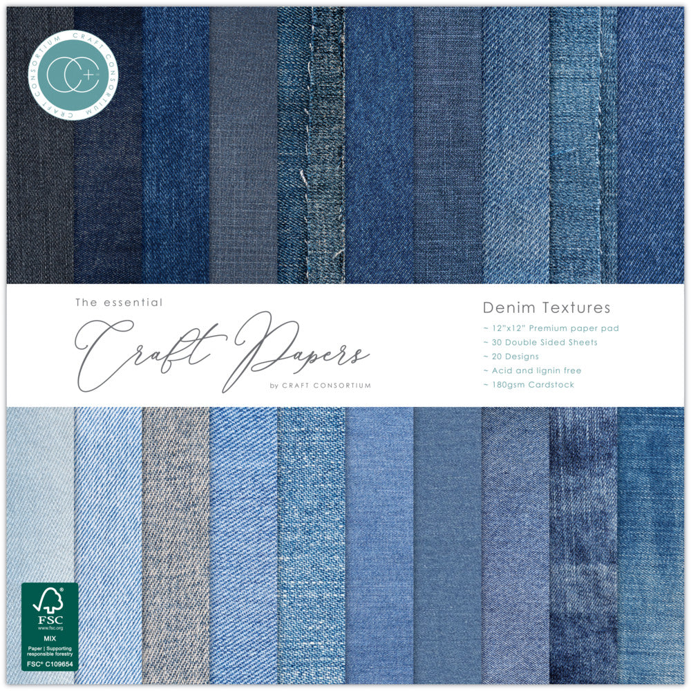 Craft Consortium 12X12 Essential Craft Papers Pad, Denim Textures
