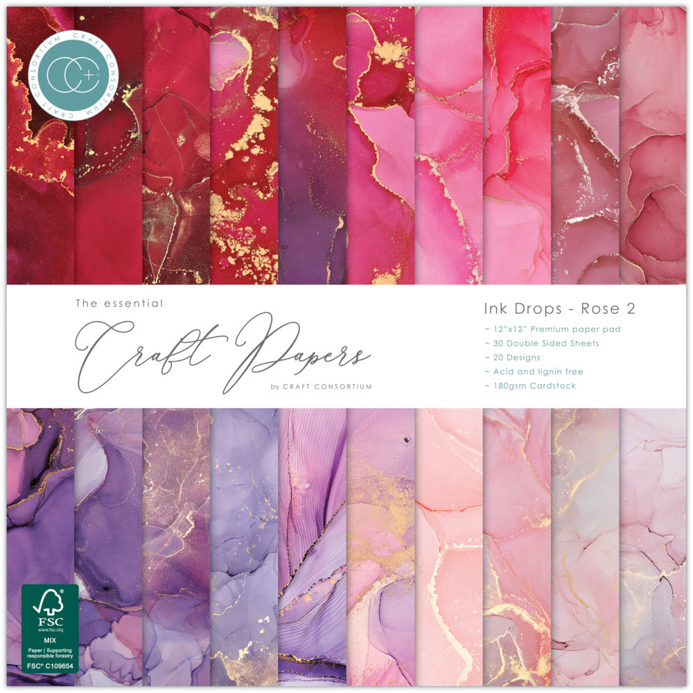 Craft Consortium 12X12 Essential Craft Papers Pad, Ink Drops - Rose 2