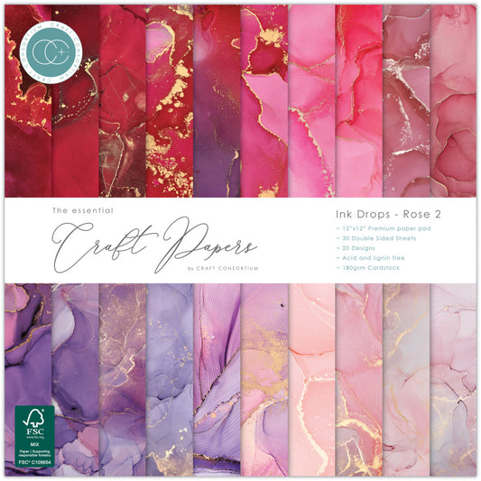 Craft Consortium 12X12 Essential Craft Papers Pad, Ink Drops - Rose 2