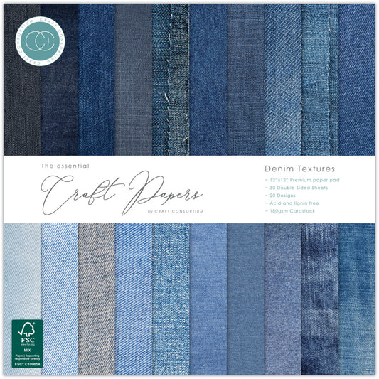 Craft Consortium 12X12 Essential Craft Papers Pad, Denim Textures